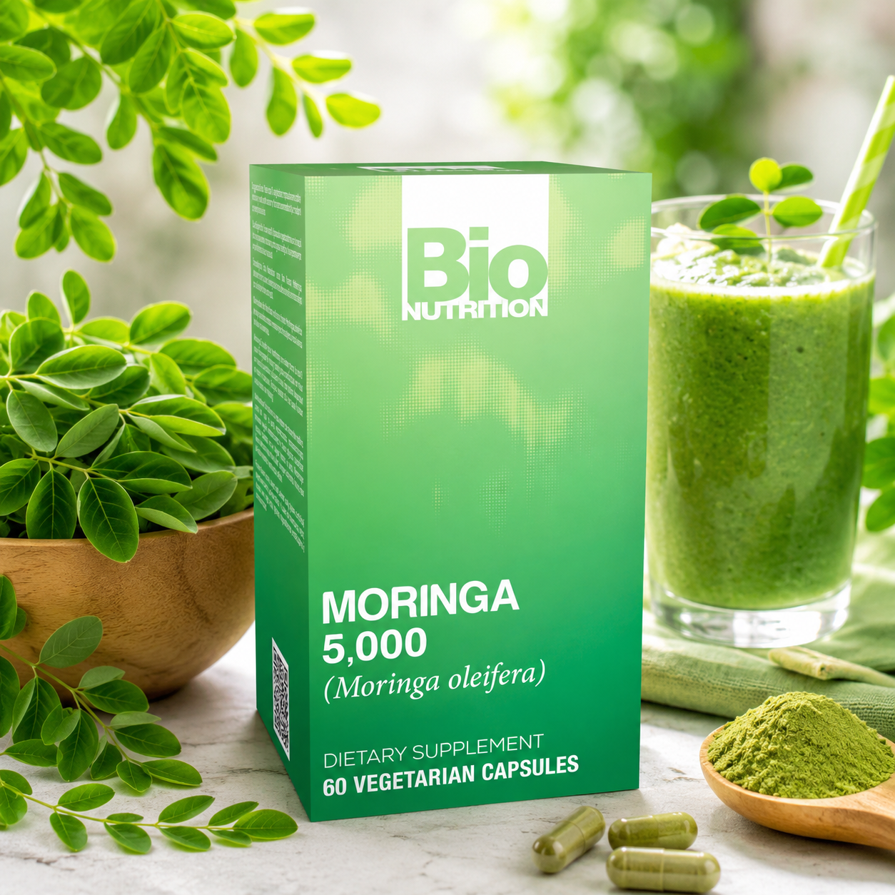 Bio Nutrition Moringa 5000mg 60 Vegetarian Capsules Complete Green Superfood