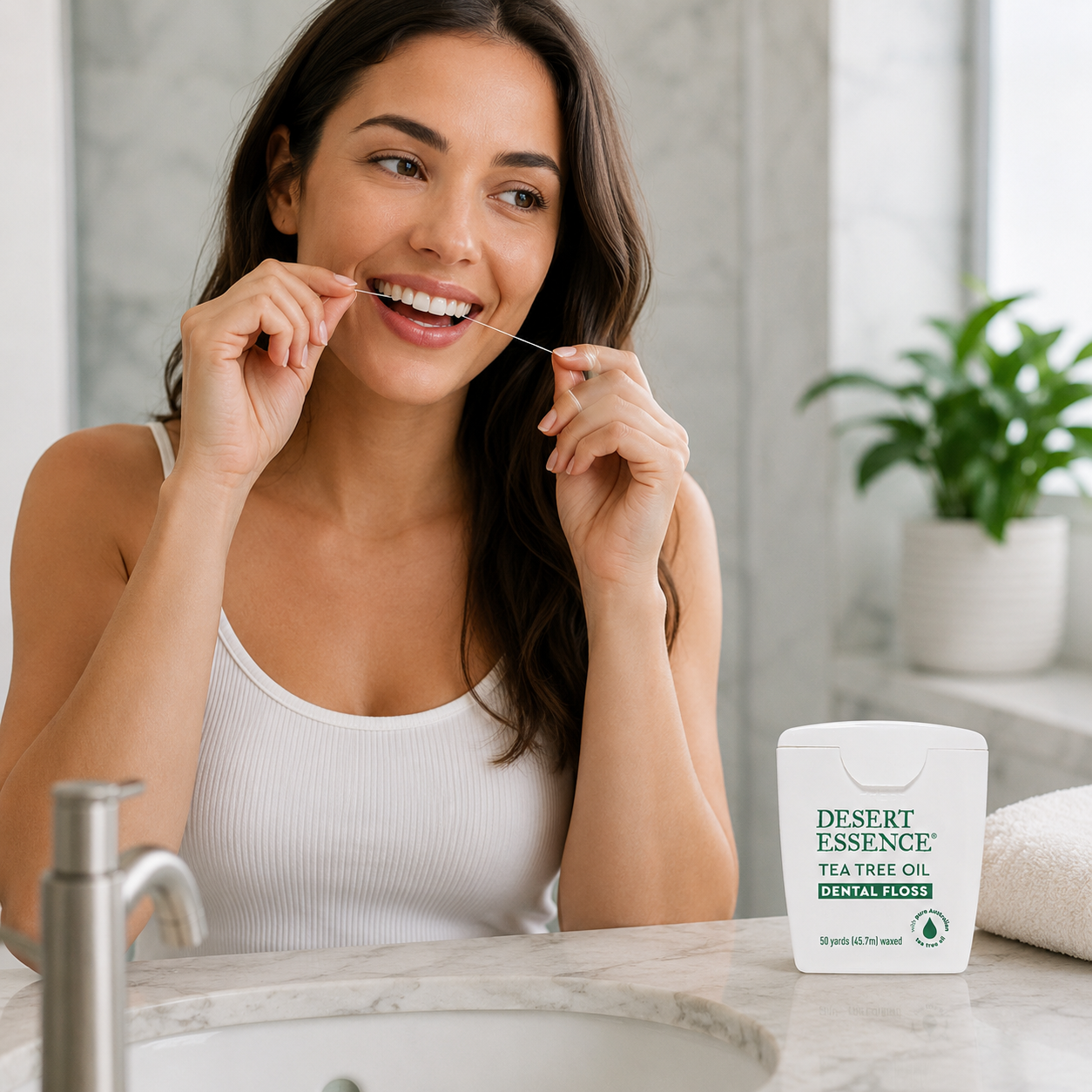 Desert Essence Tea Tree Oil Dental Floss - 50 Yards - Naturally Waxed w/ Beeswax - Thick Flossing No Shred Tape - On The Go - Removes Food Debris Buildup - Cruelty-Free Antiseptic