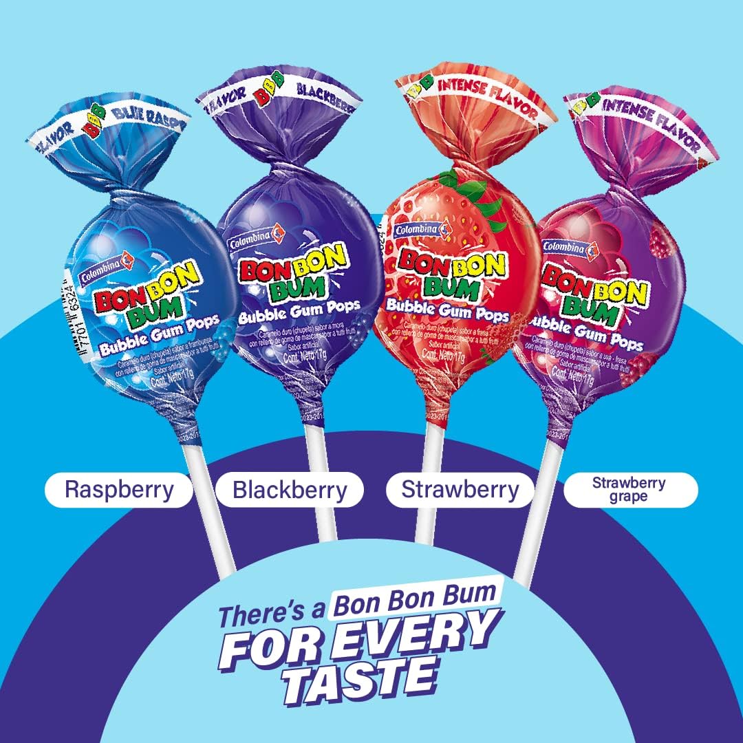 Colombina Bon Bon Bum Lollipops w/Bubble Gum Center, Berry Explosion Mix, Individually Wrapped, Ideal for Party Favors and Gifts, (Pack of 3)