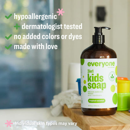 Everyone 3-in-1 Kids Soap Body Wash Bubble Bath Shampoo 32 Ounce Tropical Coconut for Toddlers Tweens and Teens