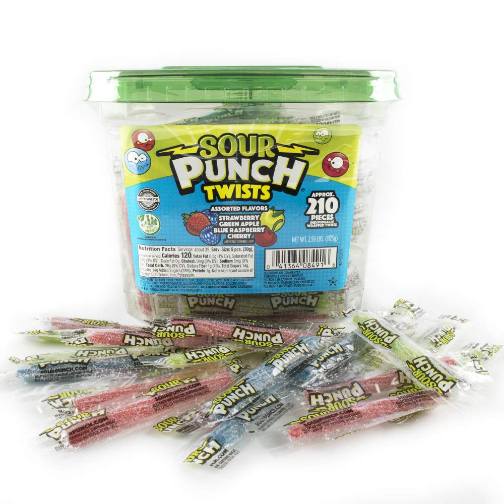 Sour Punch Twists Individually Wrapped Chewy Candy 4 Fruity Flavors 2.59 lb Jar