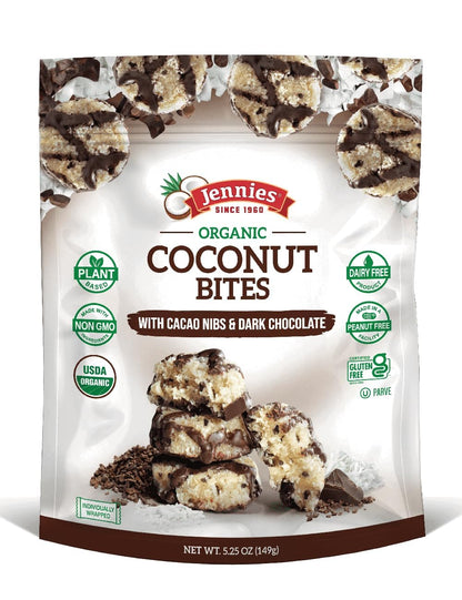 Jennies Organic Coconut Bites with Cacao Nibs & Dark Chocolate (Pack of 6) Jennies