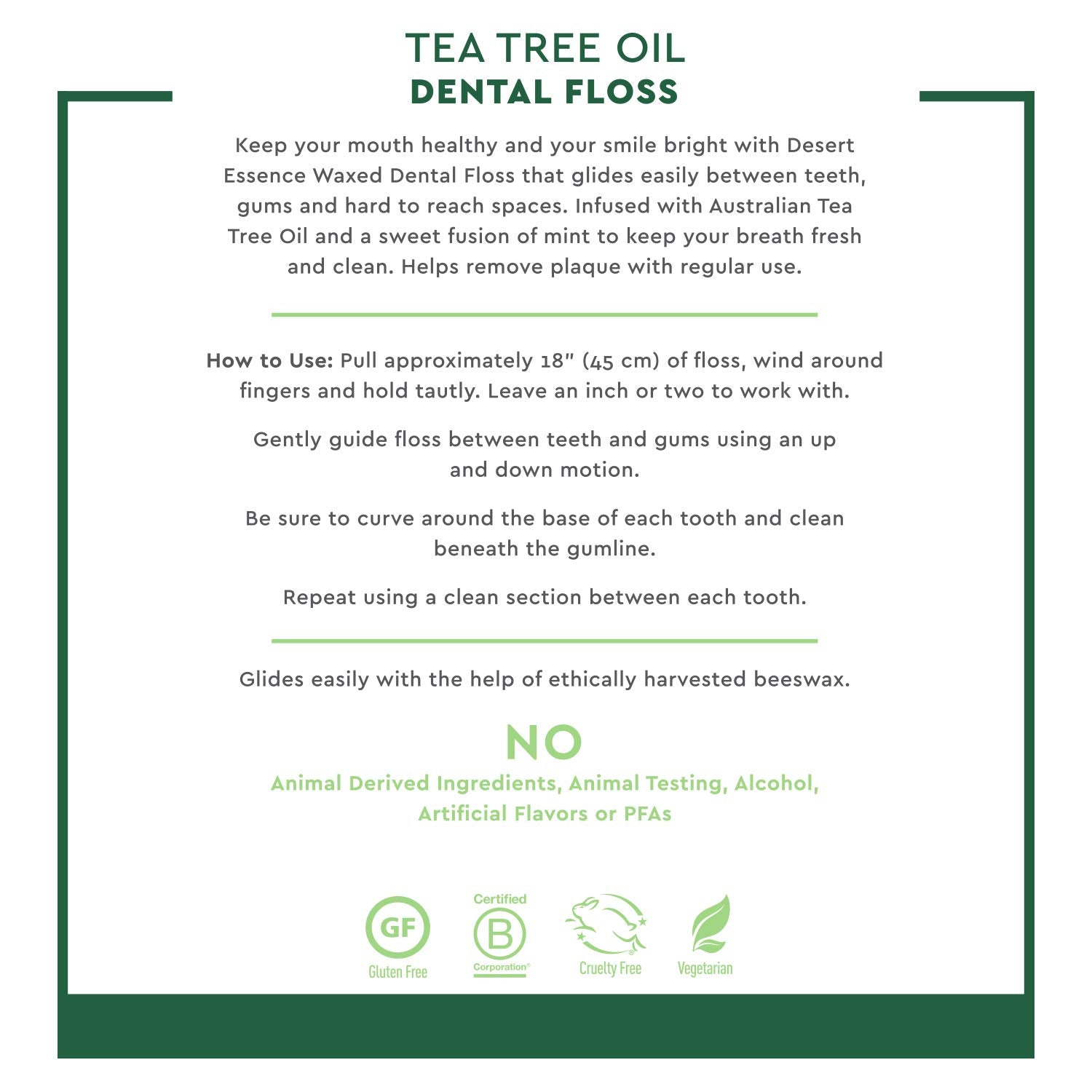 Desert Essence Tea Tree Oil Dental Floss - 50 Yards - Naturally Waxed w/ Beeswax - Thick Flossing No Shred Tape - On The Go - Removes Food Debris Buildup - Cruelty-Free Antiseptic