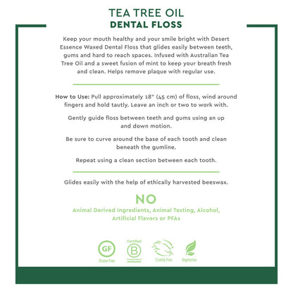 Desert Essence Tea Tree Oil Dental Floss - 50 Yards - Naturally Waxed w/ Beeswax - Thick Flossing No Shred Tape - On The Go - Removes Food Debris Buildup - Cruelty-Free Antiseptic
