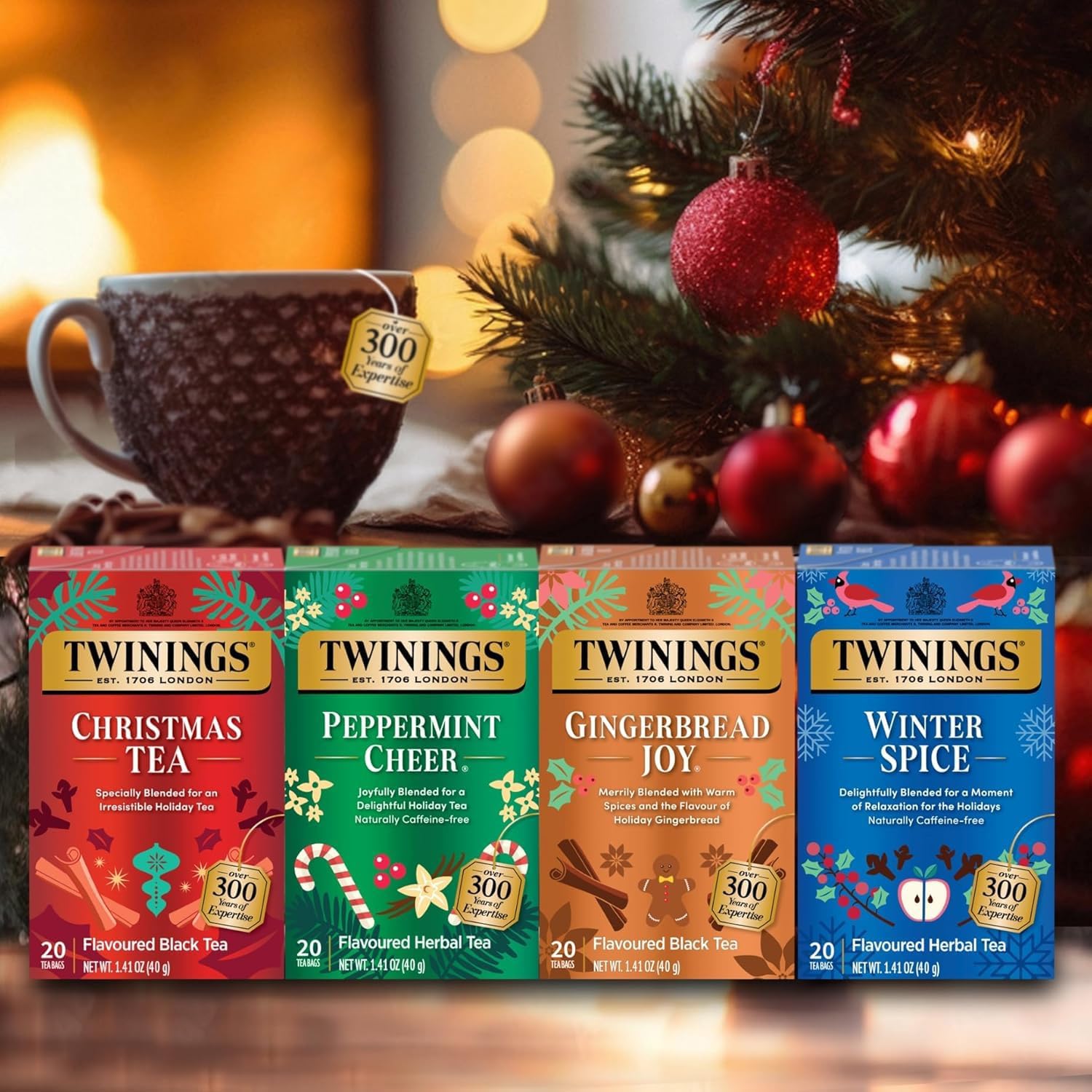 Twinings Holiday Sweet & Spicy Tea Variety (Pack of 2) Christmas Tea Caffeinated and Winter Spice Herbal Caffeine-Free 20 Tea Bags Each