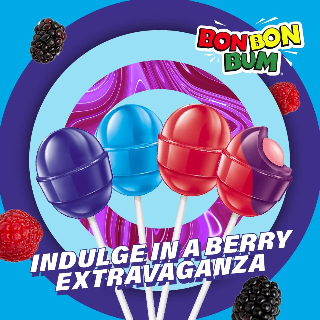 Colombina Bon Bon Bum Lollipops w/Bubble Gum Center, Berry Explosion Mix, Individually Wrapped, Ideal for Party Favors and Gifts, (Pack of 3)