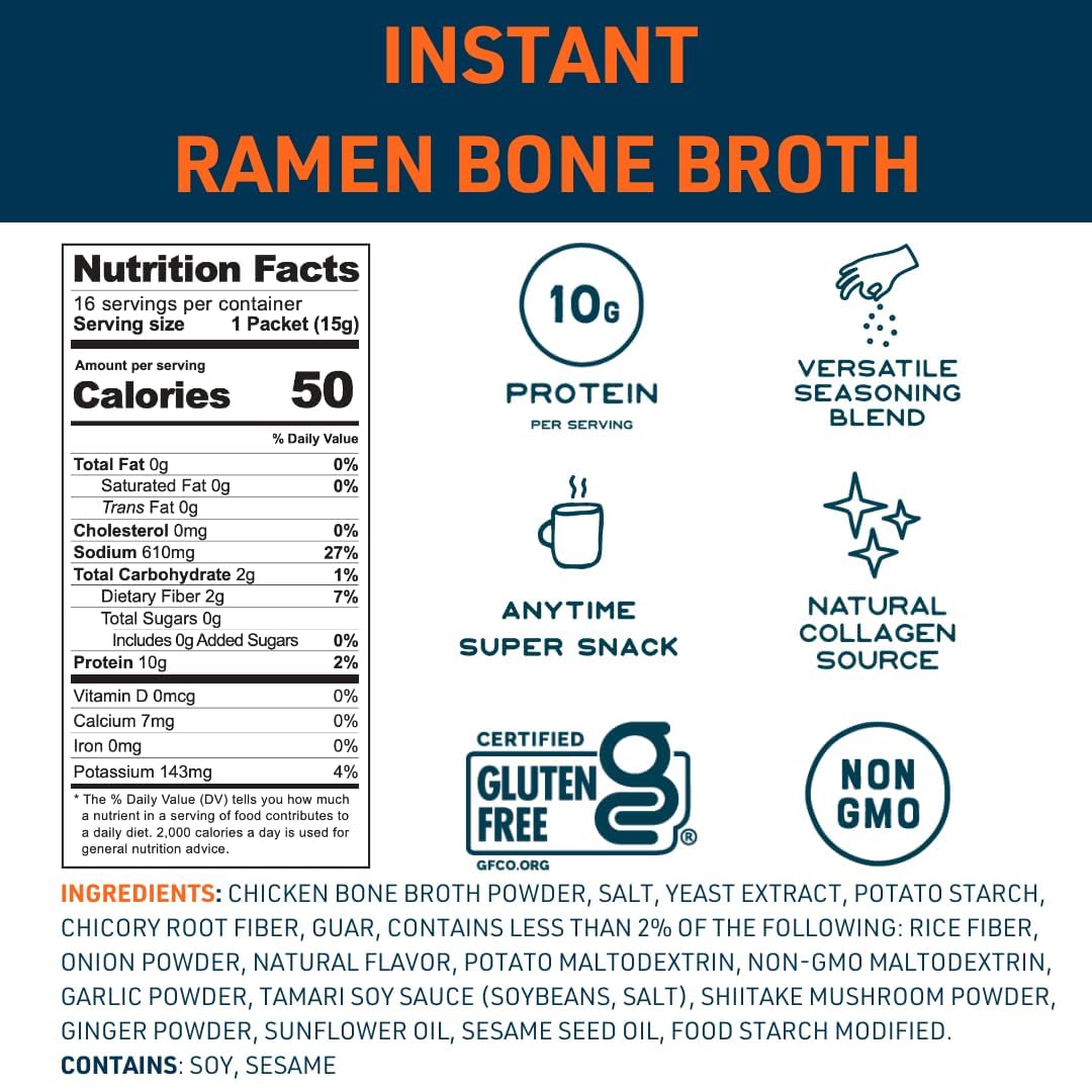 Bare Bones Bone Broth Instant Powdered Mix Ramen Flavor Non-GMO Gluten-Free Dairy-Free Keto Paleo Friendly 10g Protein (Pack of 4)