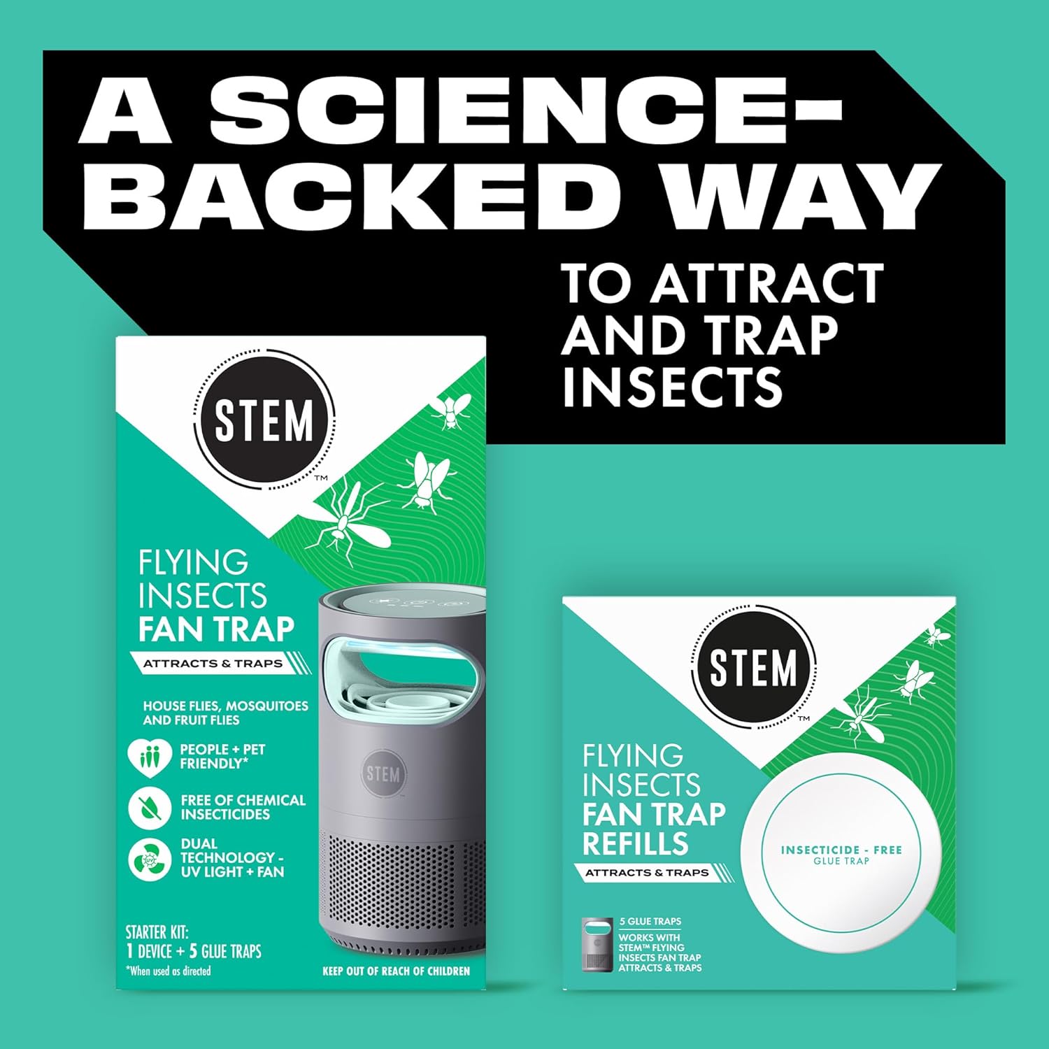 STEM Flying Insect Fan Trap for Indoor Bug Control, Attracts Mosquitoes, Fruit Flies, and House Flies, Plug-in Fan with UV Light, Starter Kit Includes 1 Device and 5 Glue Traps