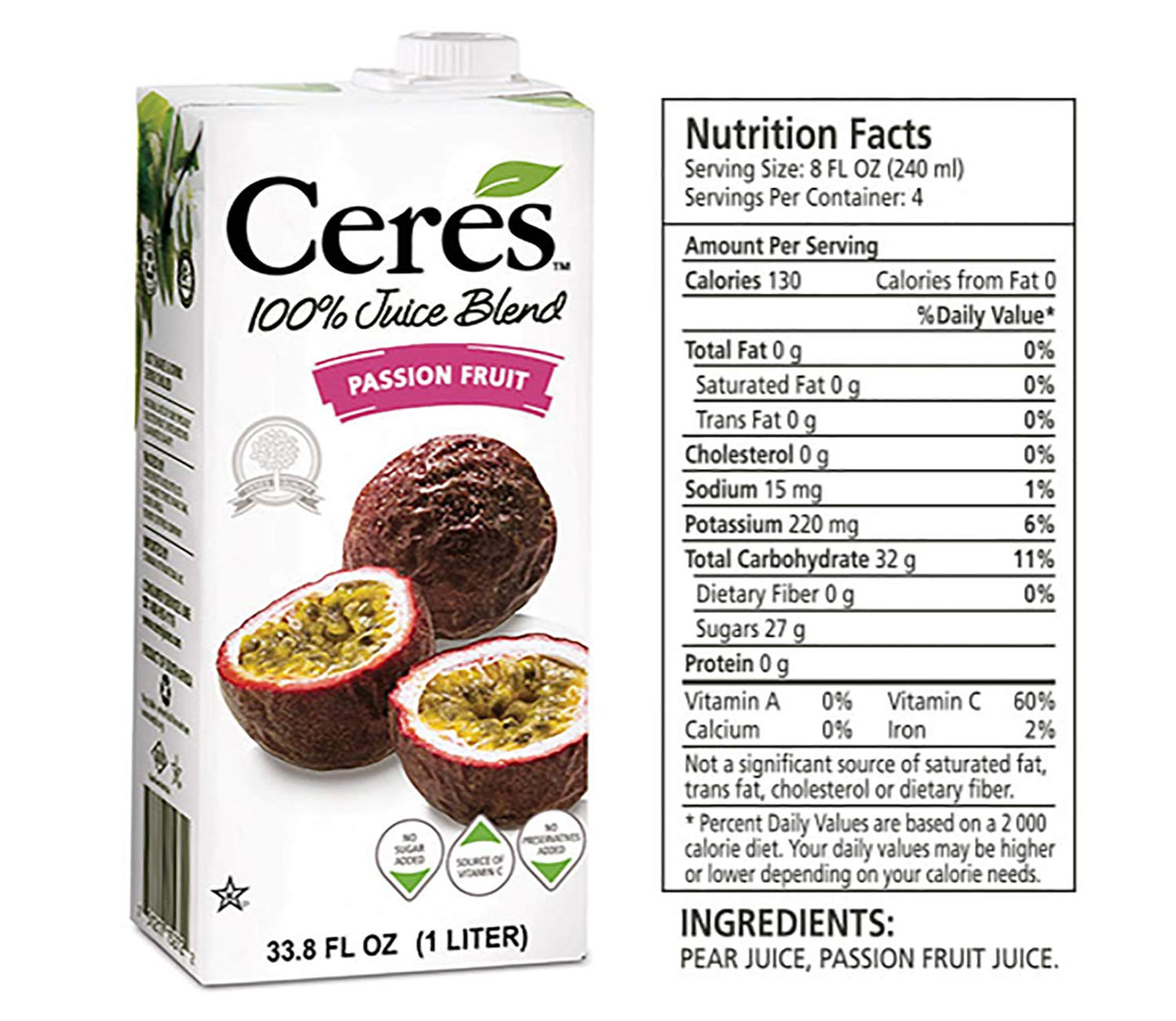 Ceres 100 All Passion Fruit Ceres 100% All Natural Pure Fruit Juice Blend 33.8 FL OZ