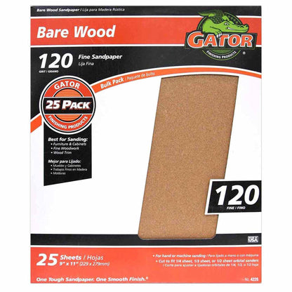 Gator 9 x 120 Grit Gator 9" x 11" Bare Wood Sanding Sheets (Pack of 25)