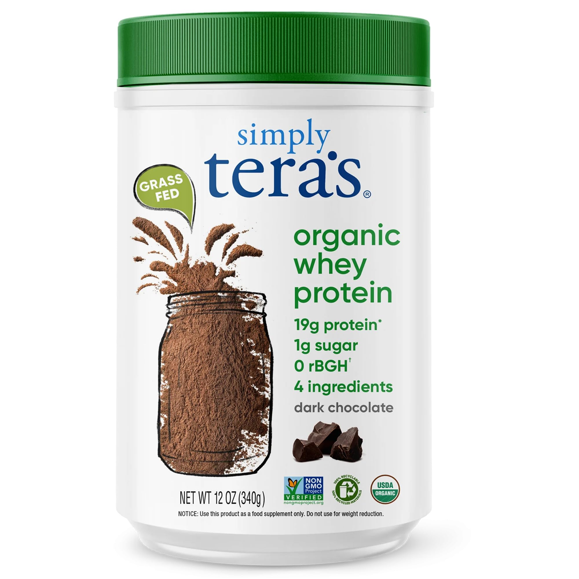 simply tera's Organic Whey Protein Powder Grass Fed Dark Chocolate Non-GMO Gluten-Free 12 Oz