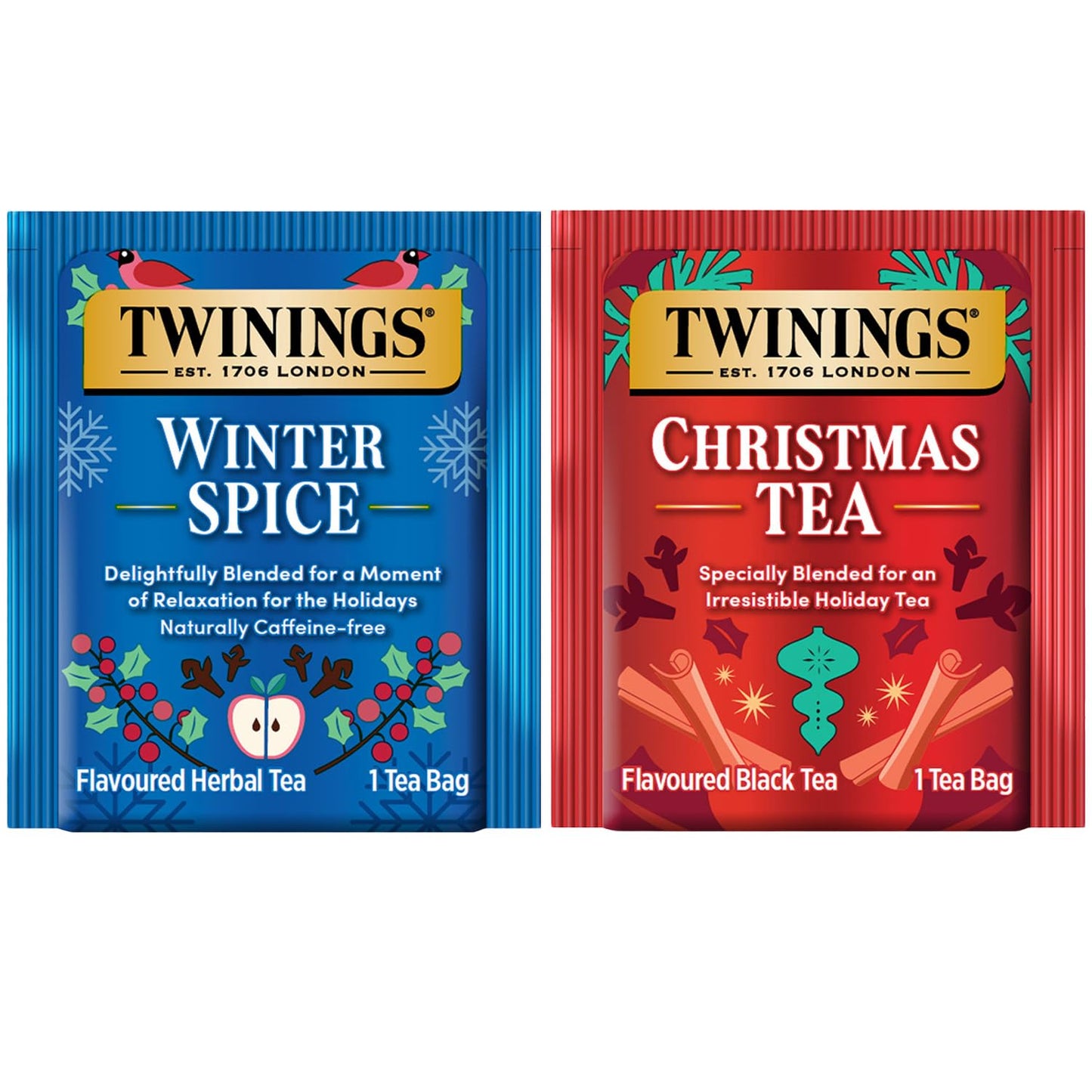 Twinings Holiday Sweet & Spicy Tea Variety (Pack of 2) Christmas Tea Caffeinated and Winter Spice Herbal Caffeine-Free 20 Tea Bags Each