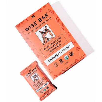 WISE BAR Adaptogen Mushroom Nutrition Bars Organic Vegan & Gluten Free Cinnamon Turmeric Flavor with Reishi Lions Mane & Ashwagandha Focus Energy & Immunity Support 12 Count