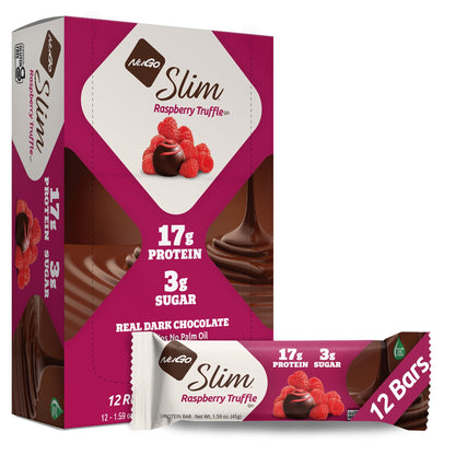 NuGo Slim Dark Chocolate Raspberry Truffle Protein Bar Keto Friendly Gluten Free 17g Protein 2g Sugar 7g Fiber 12 Count