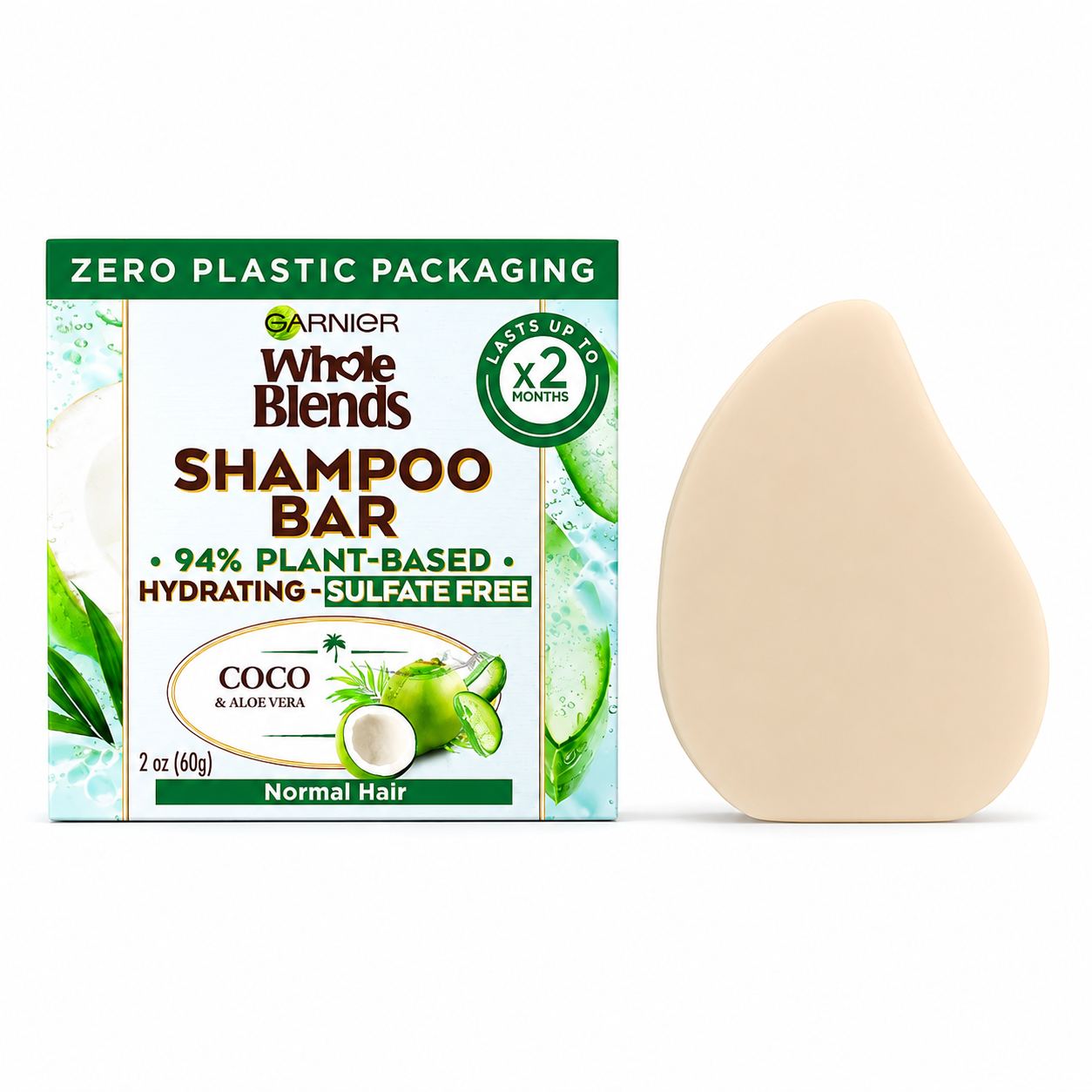 Garnier Whole Blends Hydrating Shampoo Bar for Normal Hair Coco & Aloe Vera 2 Oz