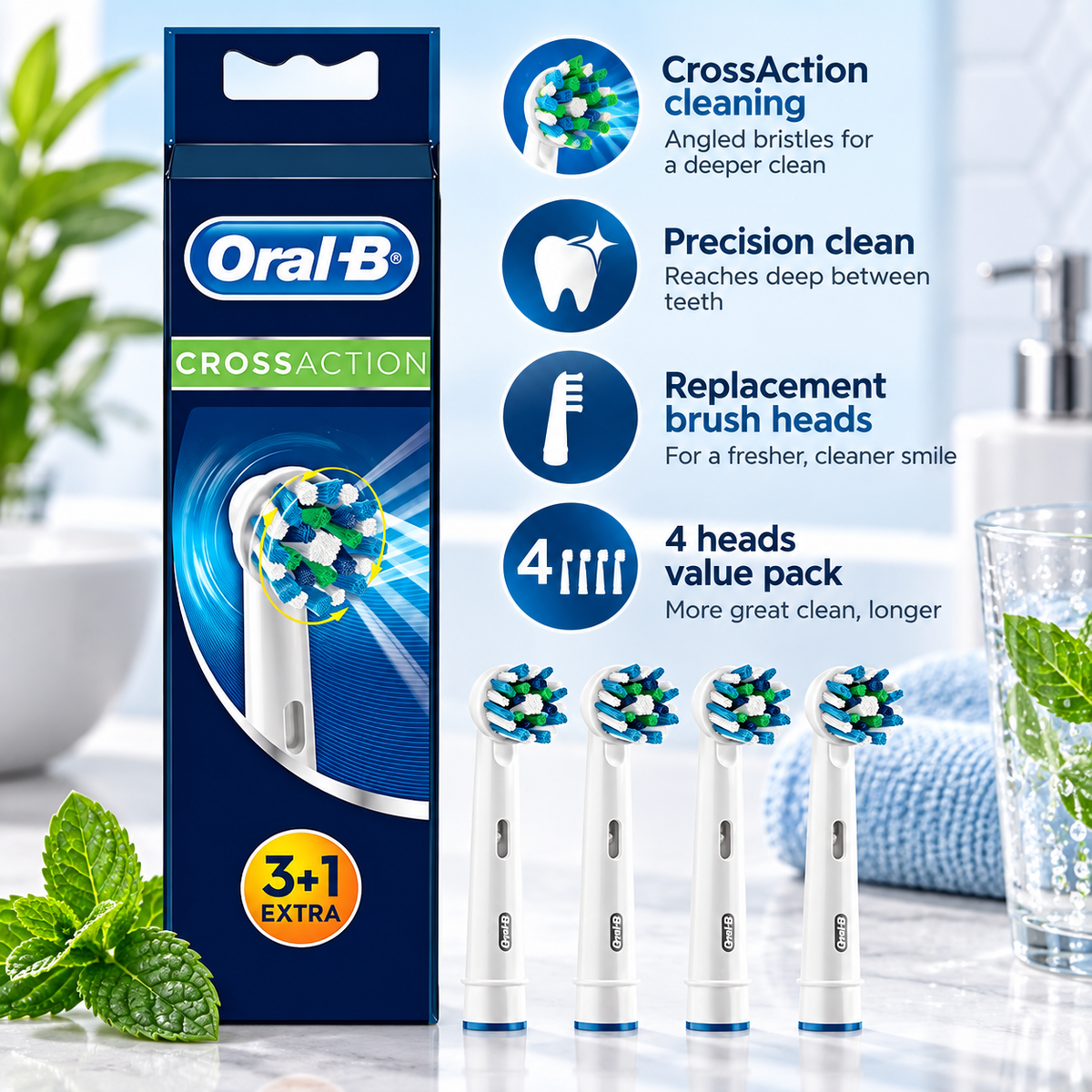 Oral B Cross Action Replacement Electric Toothbrush Heads x4 Oral-B