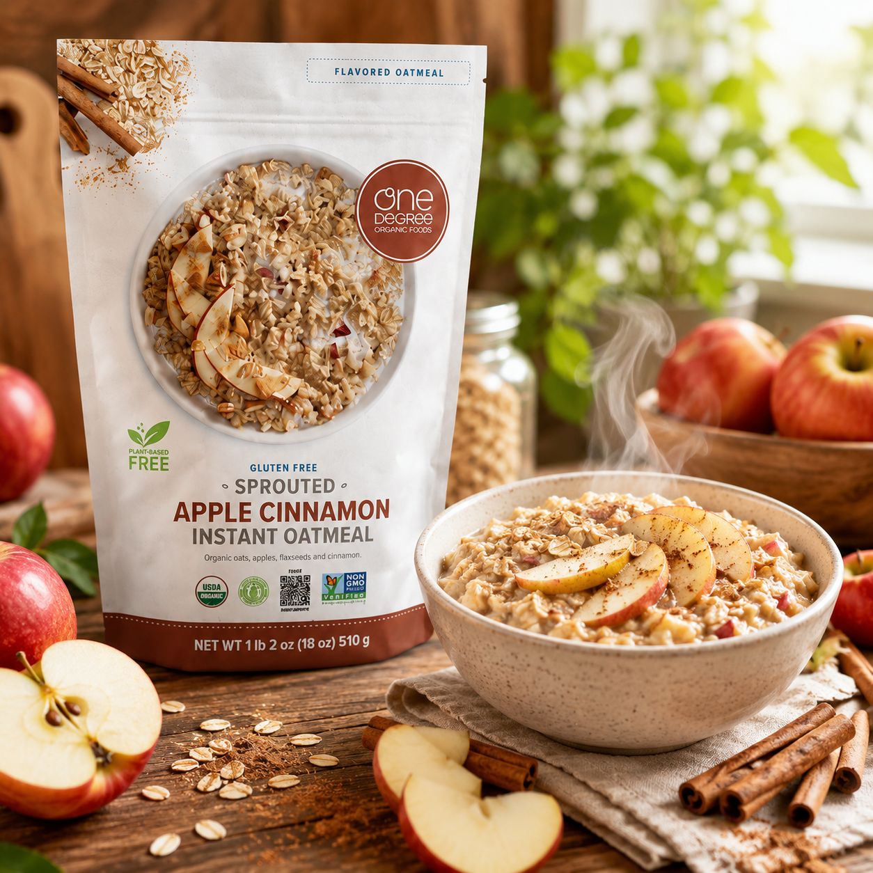 One Degree Organic Foods Sprouted Instant Oatmeal, USDA Organic, Non-GMO, Vegan, And Gluten Free Instant Oatmeal, Apple Cinnamon, (Pack of 6)