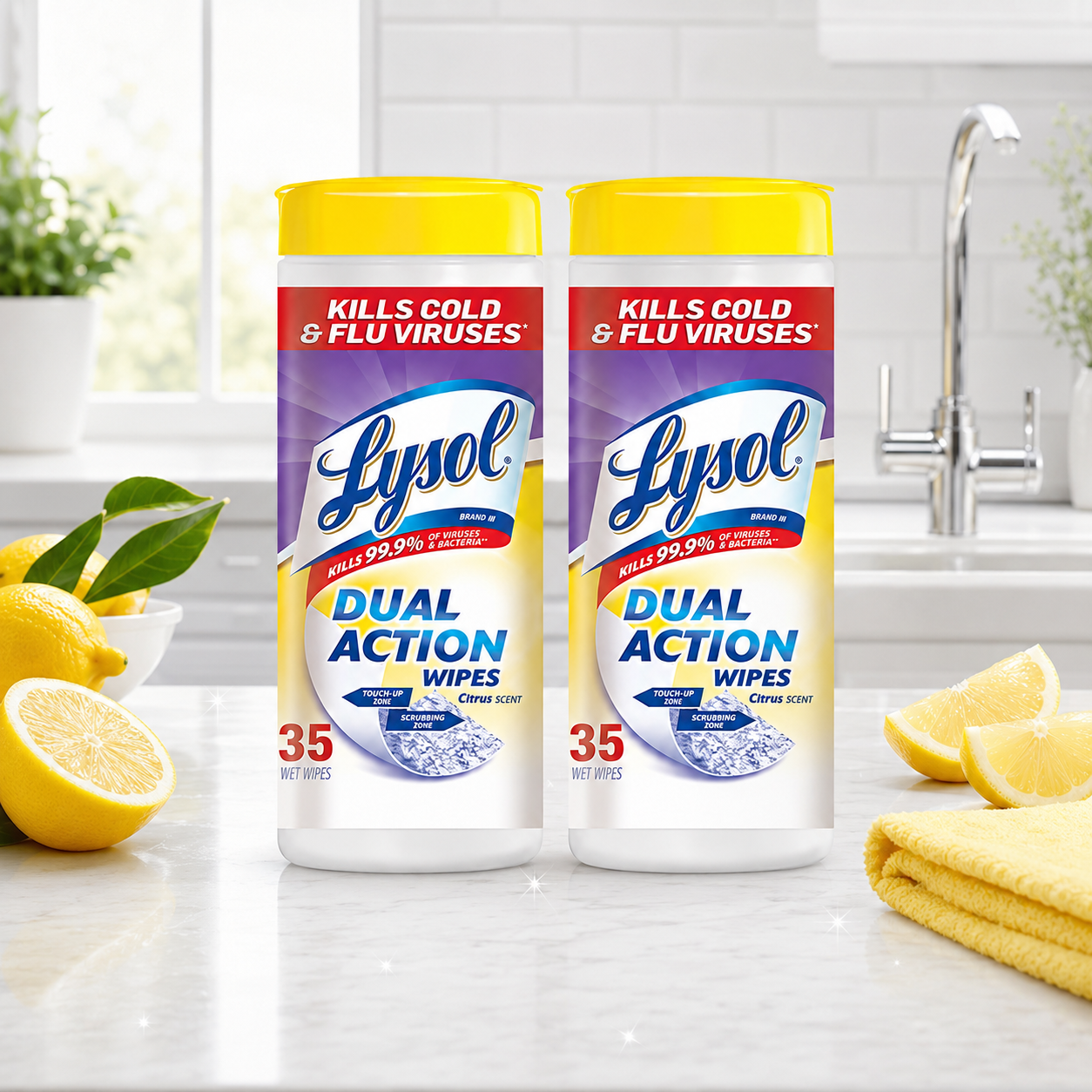 Lysol Dual Action Disinfecting Wipes, Citrus, 35 ct (Pack of 2)