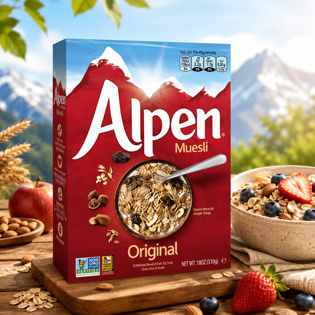 Alpen Muesli Original Cereal, Heart Healthy Cereal with Wheat Flakes, Rolled Oats, Nuts and Raisins, Non-GMO Project Verified, 14 OZ Box (Pack of 6)