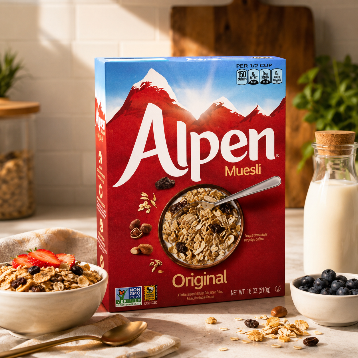 Alpen Muesli Original Cereal, Heart Healthy Cereal with Wheat Flakes, Rolled Oats, Nuts and Raisins, Non-GMO Project Verified, 14 OZ Box (Pack of 6)