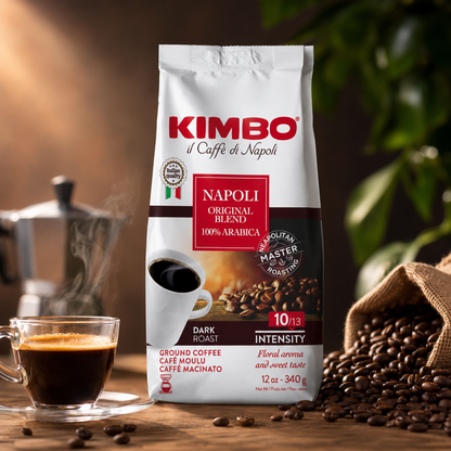 Kimbo Napoli Original Blend 100% Arabica Ground Coffee | 10/13 Intensity | Dark Roast with Floral & Sweet Flavor | 12 oz (340g) bag
