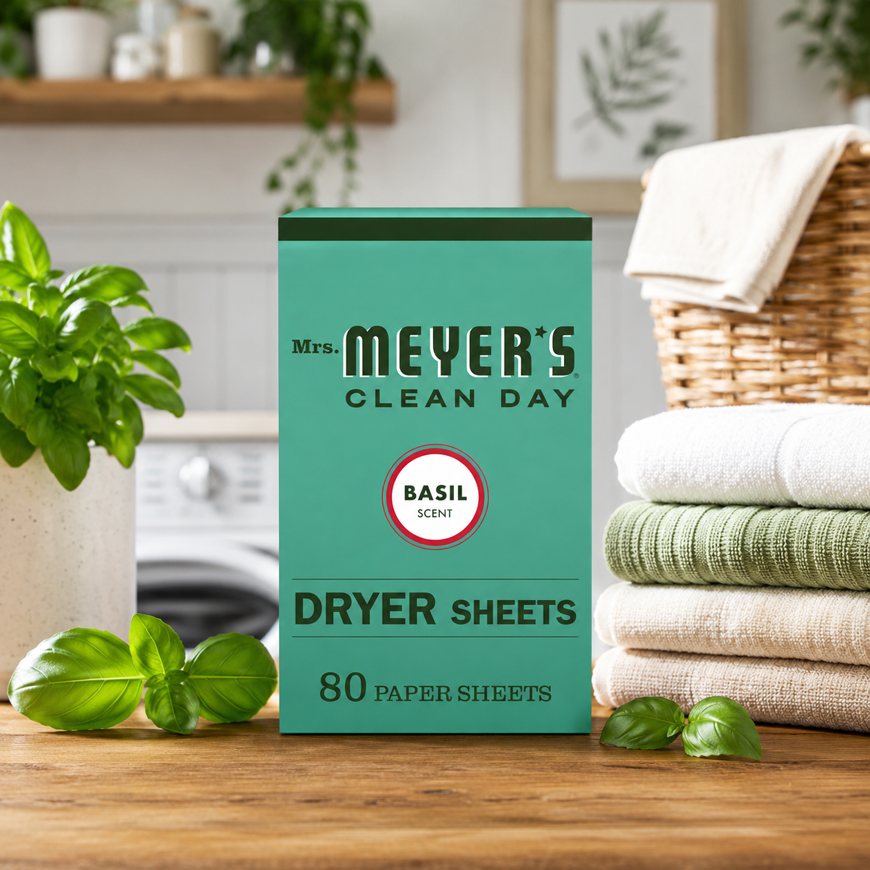 Mrs. Meyer's Clean Day Dryer Sheets Fabric Softener Basil Scent Softens Fabric Reduces Static Cruelty Free Formula 80 ct