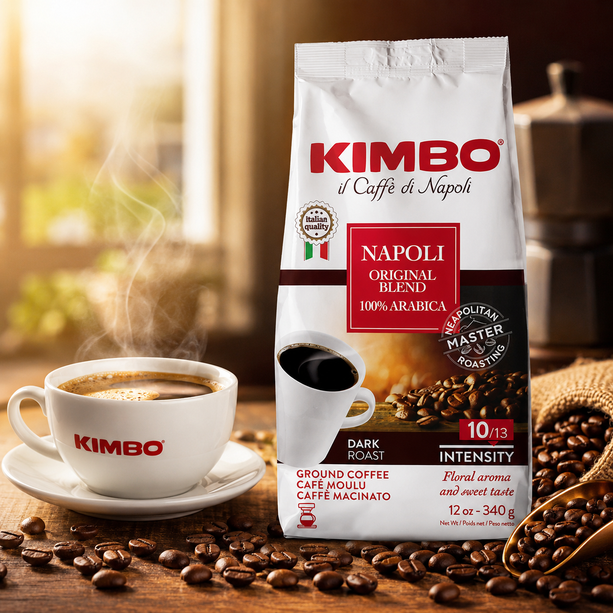 Kimbo Napoli Original Blend 100% Arabica Ground Coffee | 10/13 Intensity | Dark Roast with Floral & Sweet Flavor | 12 oz (340g) bag