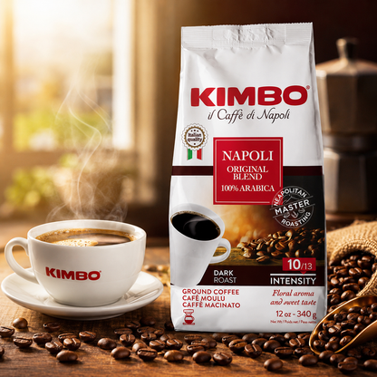 Kimbo Napoli Original Blend 100% Arabica Ground Coffee | 10/13 Intensity | Dark Roast with Floral & Sweet Flavor | 12 oz (340g) bag
