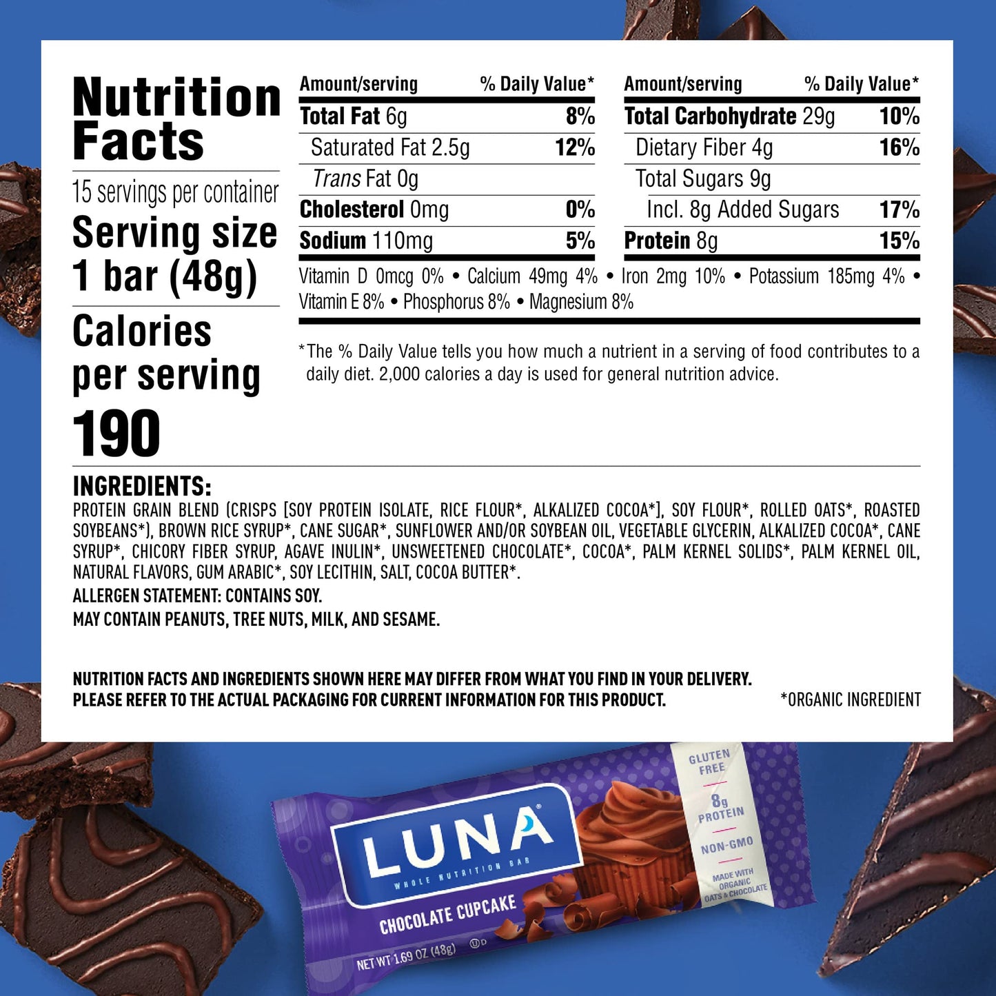 Luna BAR Gluten Free Snack Bars Chocolate Cupcake 8g Protein Non-GMO Plant-Based 1.69 oz 15 Count