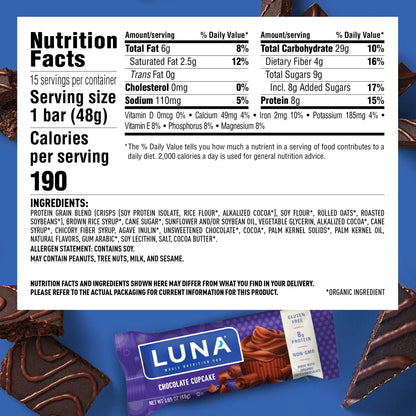 Luna BAR Gluten Free Snack Bars Chocolate Cupcake 8g Protein Non-GMO Plant-Based 1.69 oz 15 Count