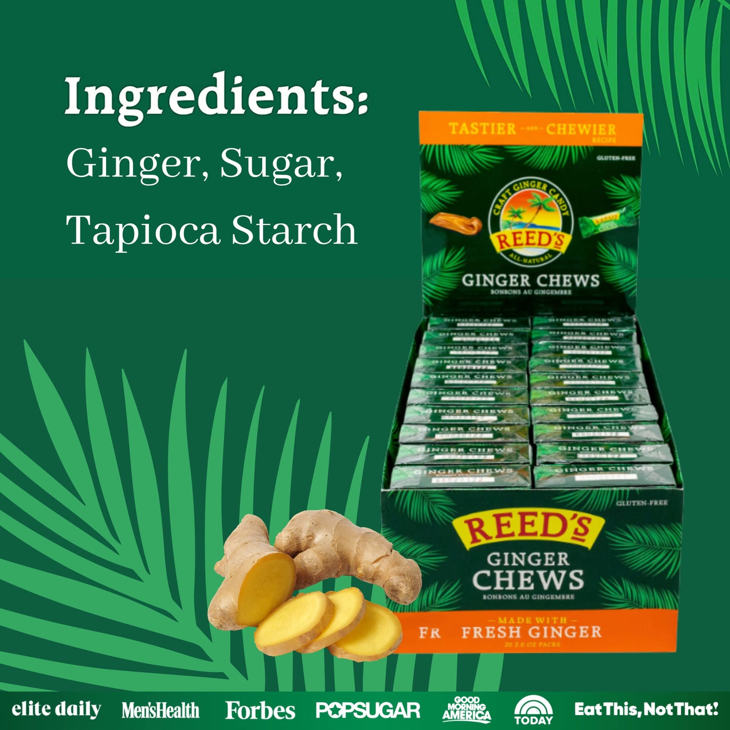 Reed's All Natural Ginger Chews Sweet & Spicy Chewy Candy Individually Wrapped Vegan 2oz Box Bulk (Pack of 20)
