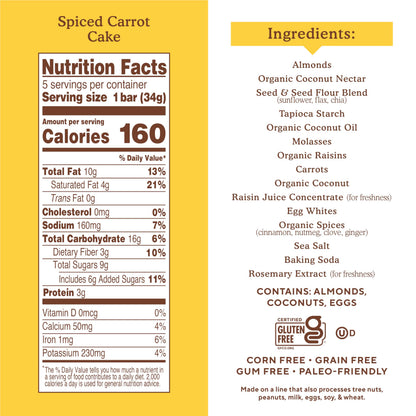 Simple Mills Coconut Almond Almond Flour Snack Bars Spiced Carrot Cake Made 6 Ounce