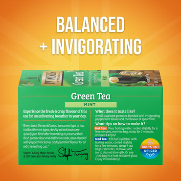 Twinings Green Tea with Mint 20 Count Individually Wrapped Bags Caffeinated Hot or Iced