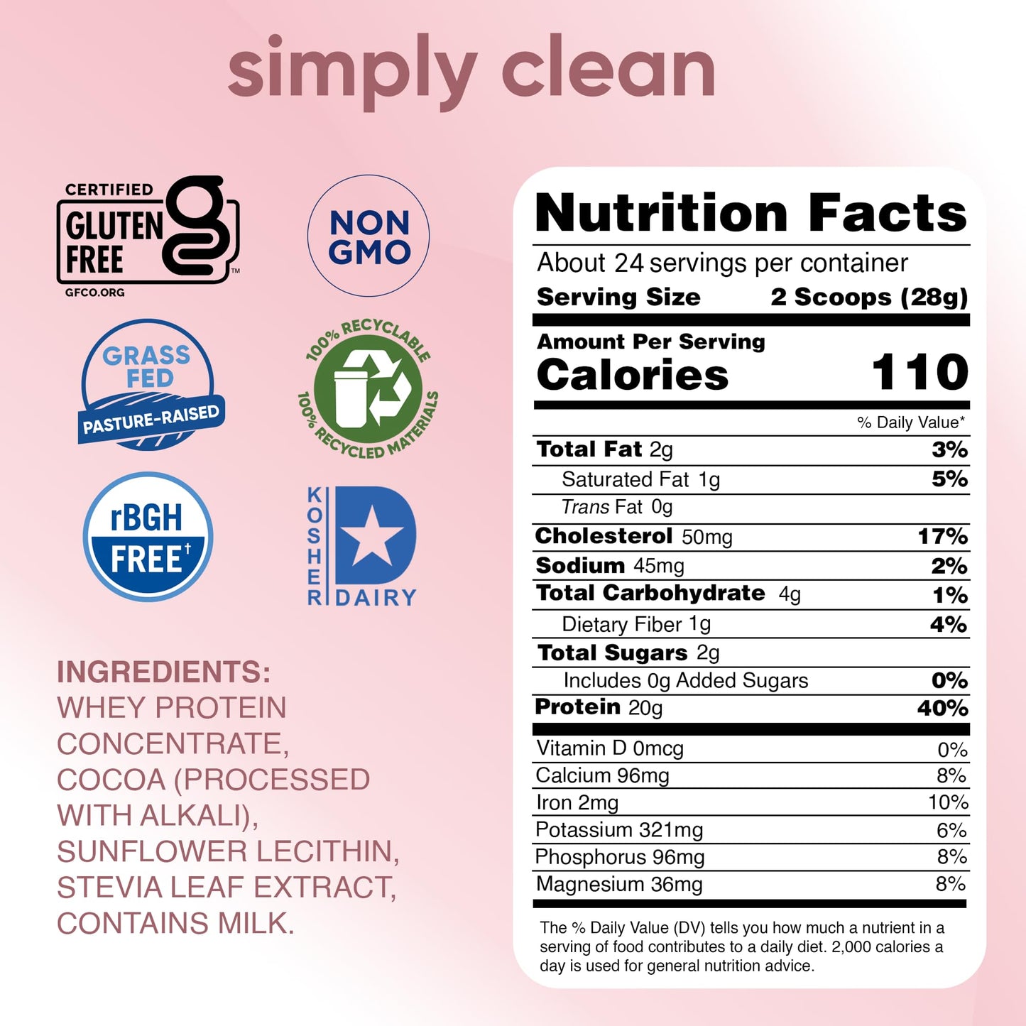 simply tera's Pure Whey Protein Powder Dark Chocolate Clean Protein 24 Oz