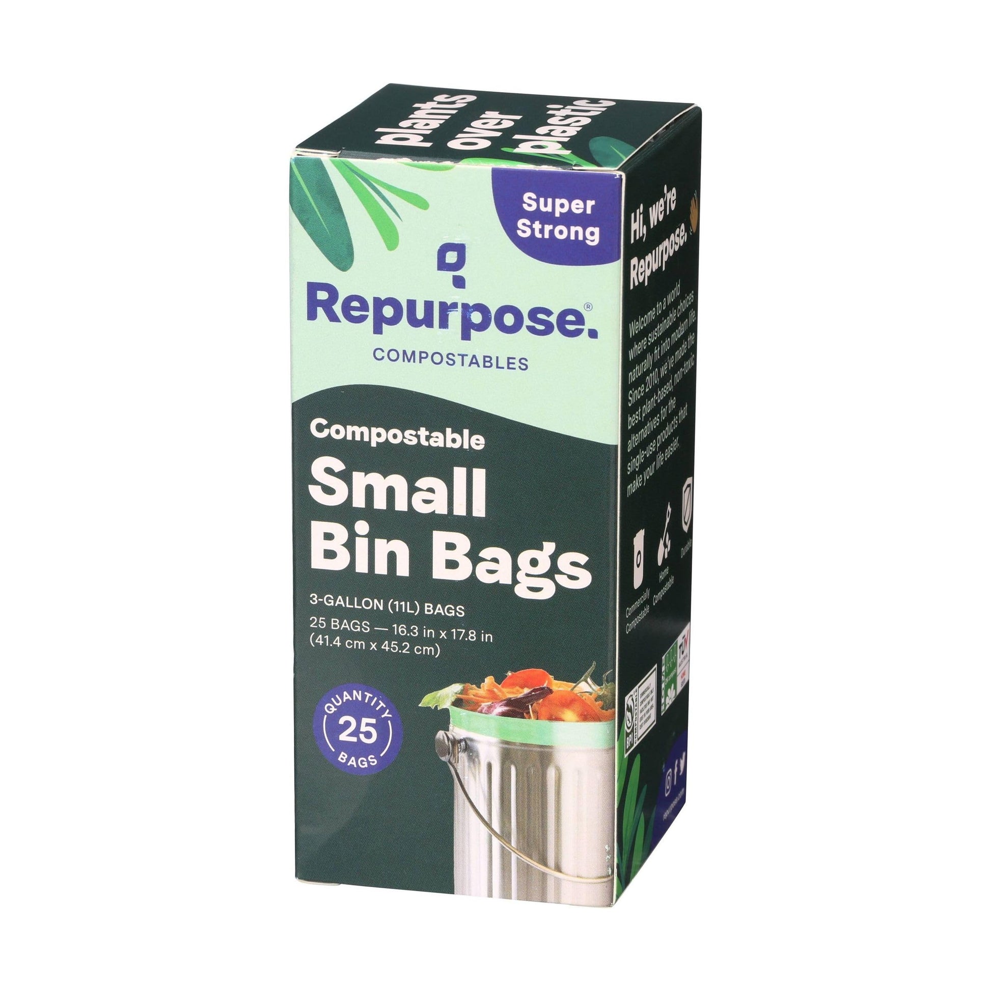 Repurpose Compostables Repurpose 3 Gallon, 11 Liter Super Strong, Small Compostable Trash Bags, Biodegradable Products Institute (BPI) Certified, 25 Count