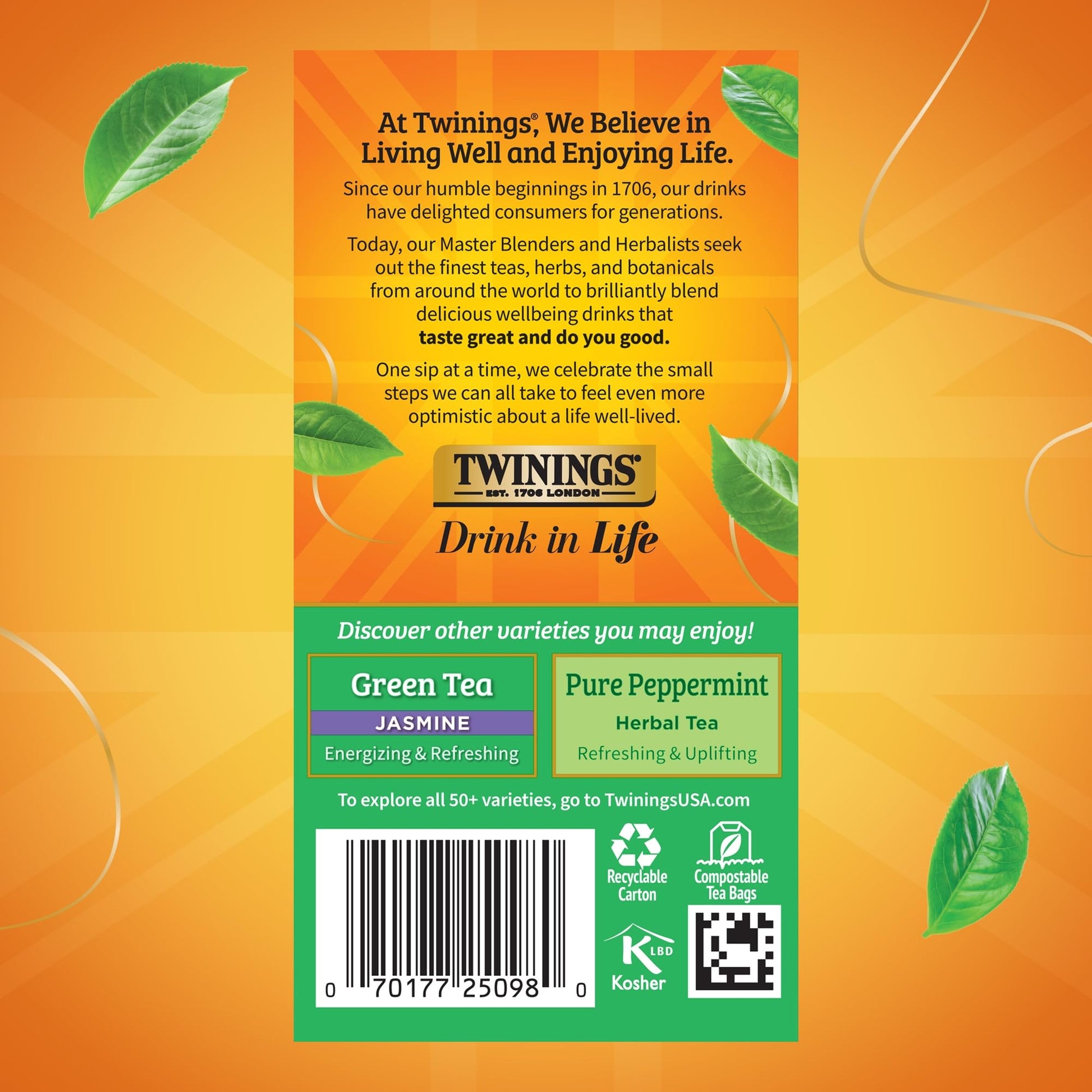 Twinings Green Tea with Mint 20 Count Individually Wrapped Bags Caffeinated Hot or Iced