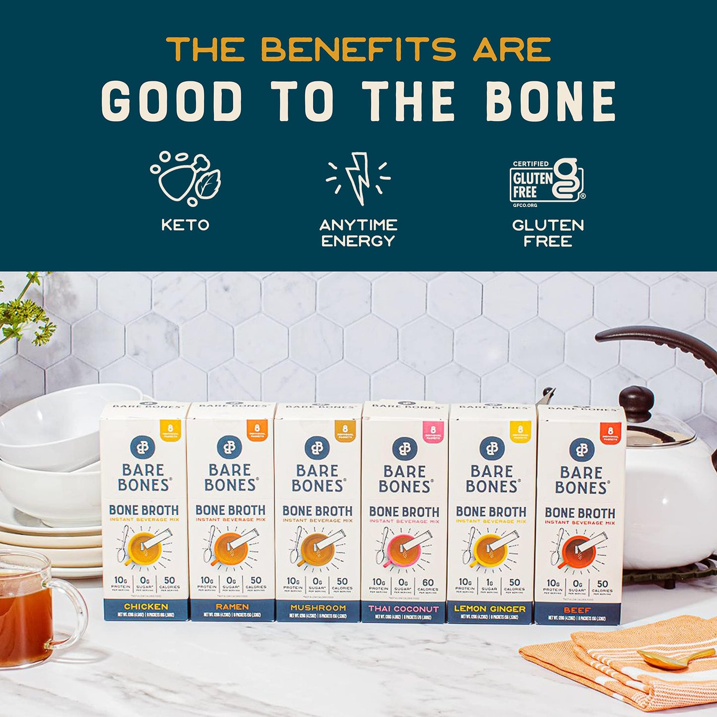 Bare Bones Bone Broth Instant Powdered Mix Ramen Flavor Non-GMO Gluten-Free Dairy-Free Keto Paleo Friendly 10g Protein (Pack of 4)