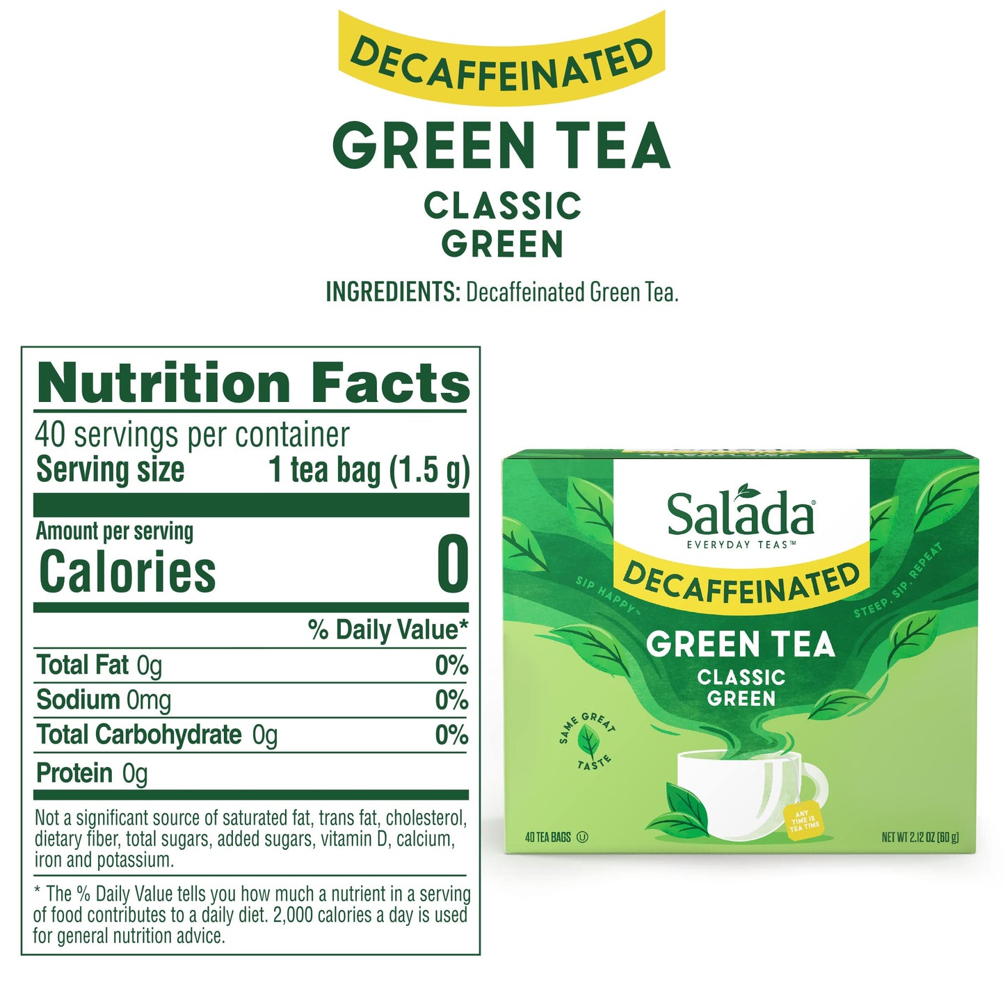 Salada Green Hot Tea Decaffeinated with 40 Individually Wrapped Tea Bags