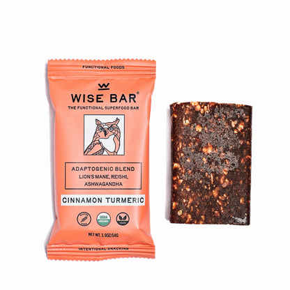 WISE BAR Adaptogen Mushroom Nutrition Bars Organic Vegan & Gluten Free Cinnamon Turmeric Flavor with Reishi Lions Mane & Ashwagandha Focus Energy & Immunity Support 12 Count