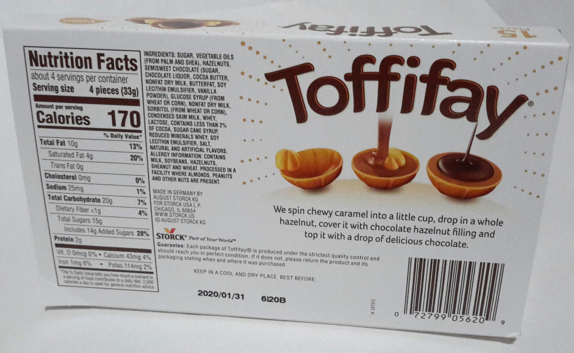 Storck Toffifay Chocolate Candy Whole Hazelnut with Caramel Hazelnut Cream 15 Pieces 4.4 oz