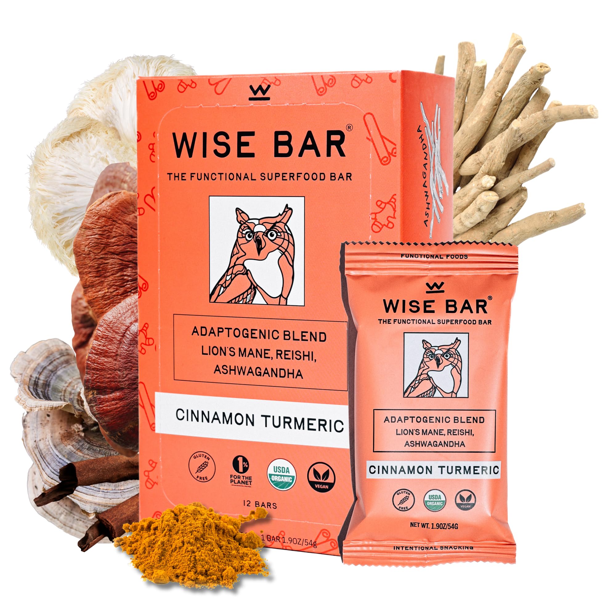 WISE BAR Adaptogen Mushroom Nutrition Bars Organic Vegan & Gluten Free Cinnamon Turmeric Flavor with Reishi Lions Mane & Ashwagandha Focus Energy & Immunity Support 12 Count