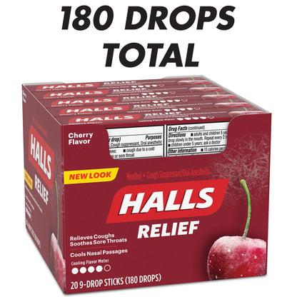 HALLS Cherry Cough Drops with Menthol 180 Drops 20 Sticks