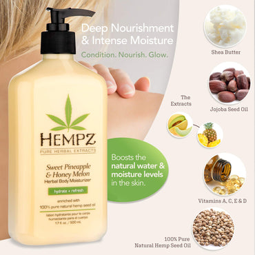 Hempz Sweet Pineapple & Honey Melon Moisturizing Skin Lotion Body Moisturizer 17 oz (Pack of 2) with Jojoba Vitamin A and E