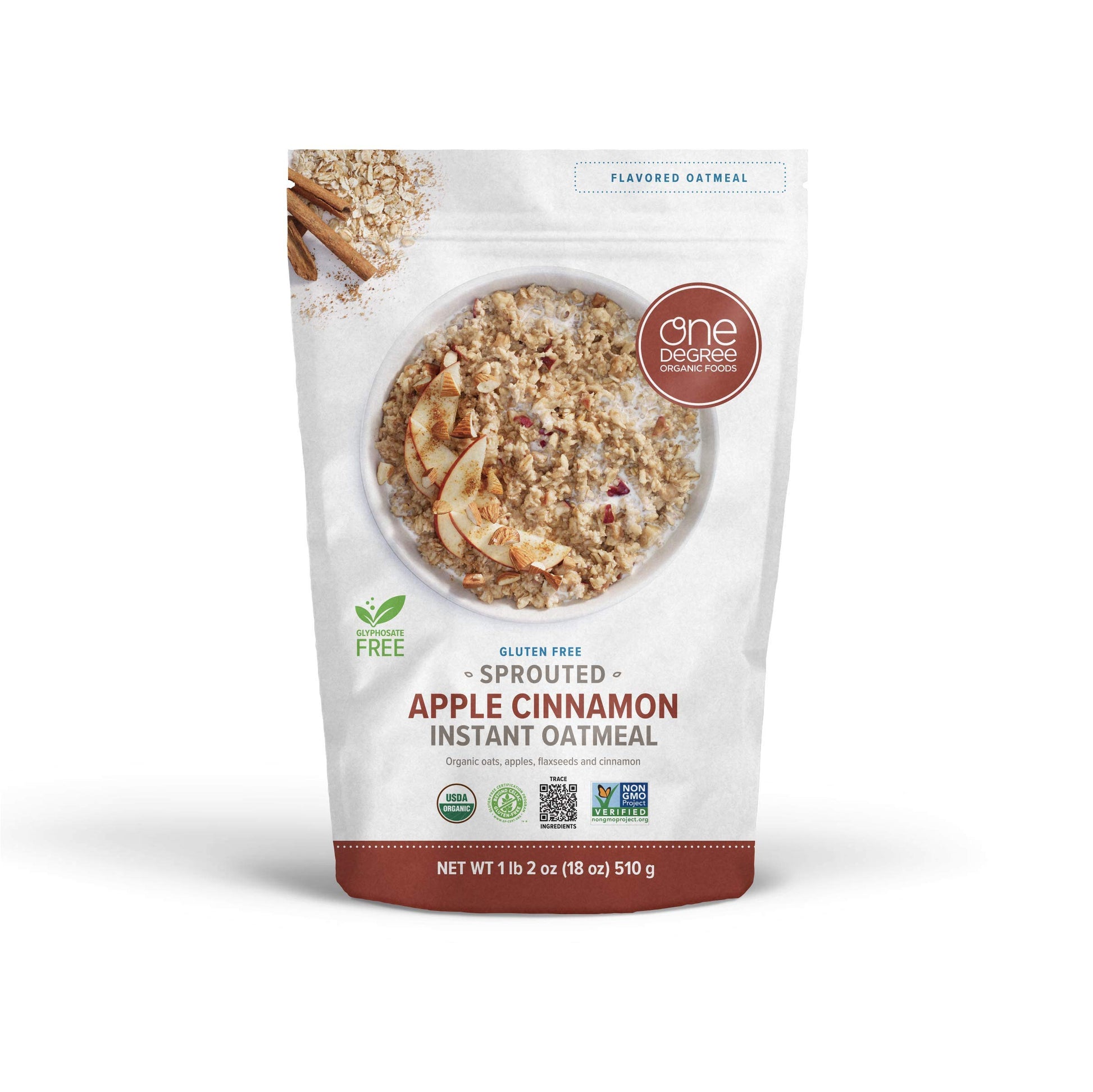 One Degree Organic Foods Sprouted Instant Oatmeal, USDA Organic, Non-GMO, Vegan, And Gluten Free Instant Oatmeal, Apple Cinnamon, (Pack of 6)