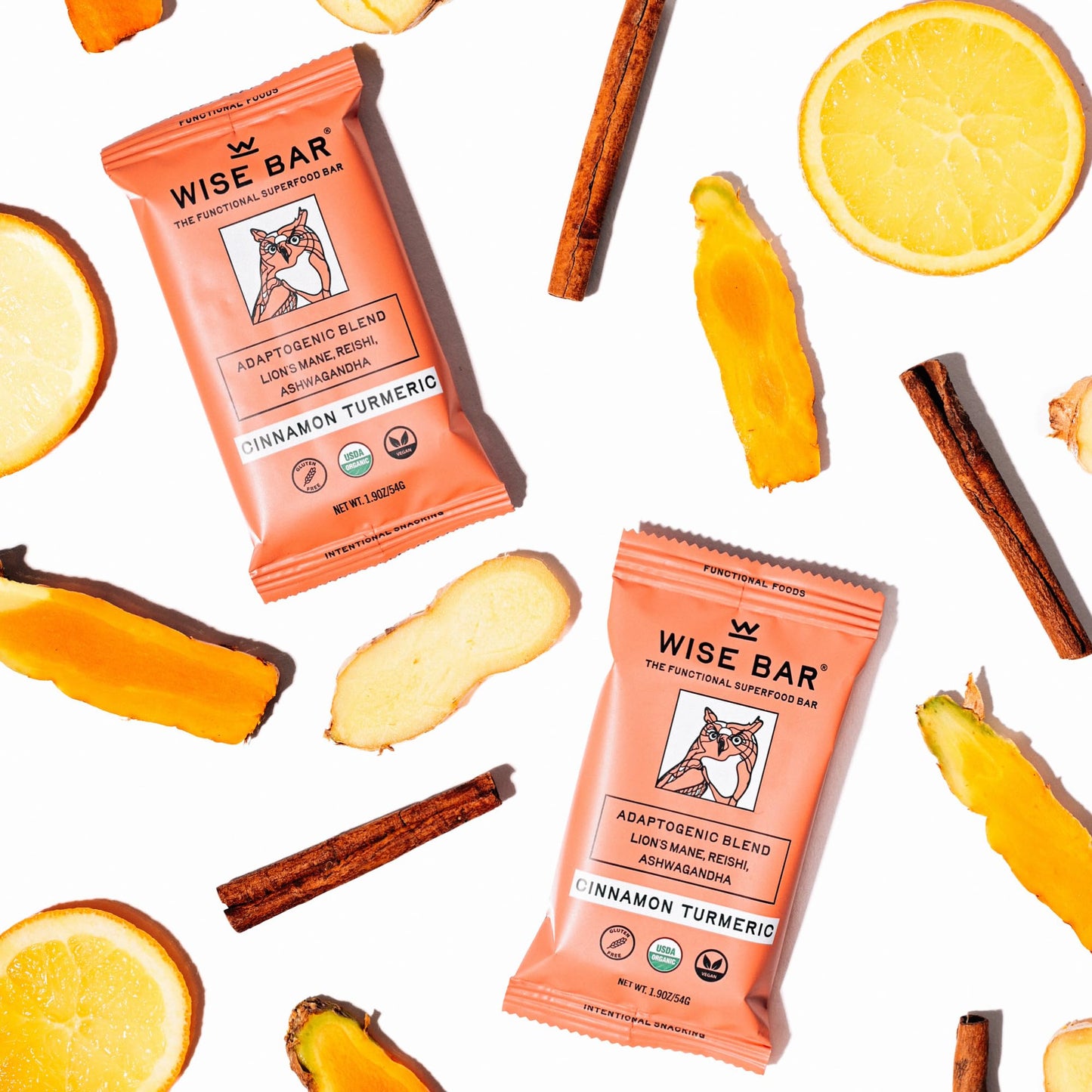 WISE BAR Adaptogen Mushroom Nutrition Bars Organic Vegan & Gluten Free Cinnamon Turmeric Flavor with Reishi Lions Mane & Ashwagandha Focus Energy & Immunity Support 12 Count