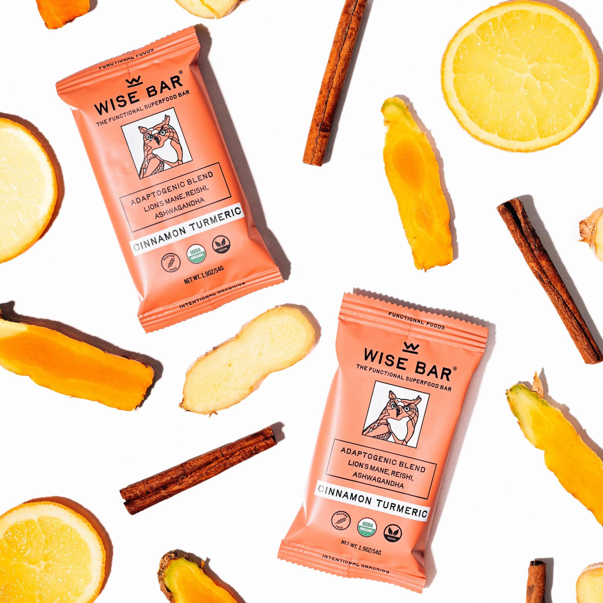 WISE BAR Adaptogen Mushroom Nutrition Bars Organic Vegan & Gluten Free Cinnamon Turmeric Flavor with Reishi Lions Mane & Ashwagandha Focus Energy & Immunity Support 12 Count