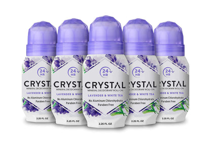 CRYSTAL Deodorant Mineral Deodorant Roll-On, Lavender & White Tea 2.25 oz (Pack of 5)