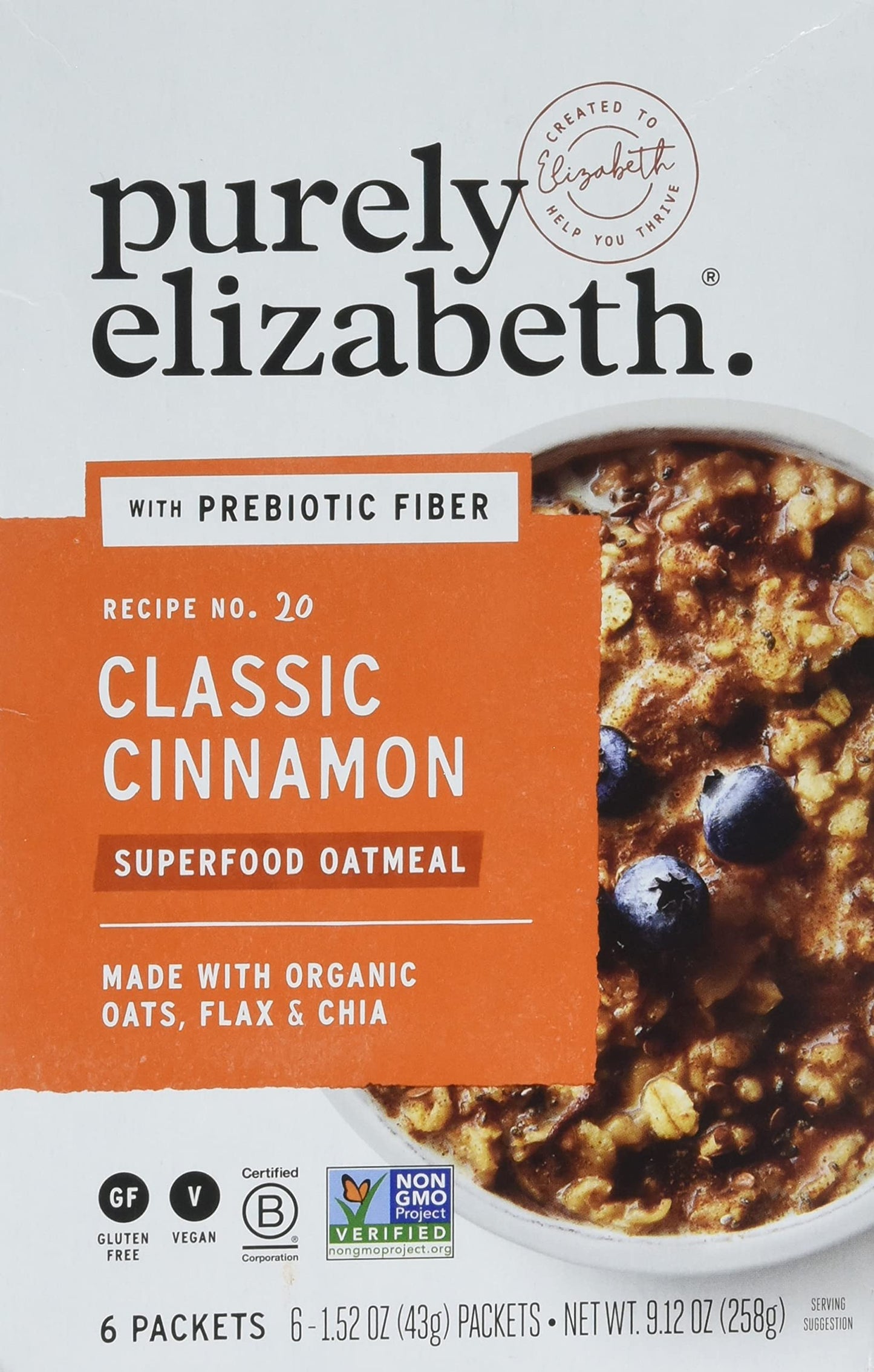 Purely Elizabeth Superfood Vegan Oatmeal Classic Cinnamon 9.12 Oz 6 Packets