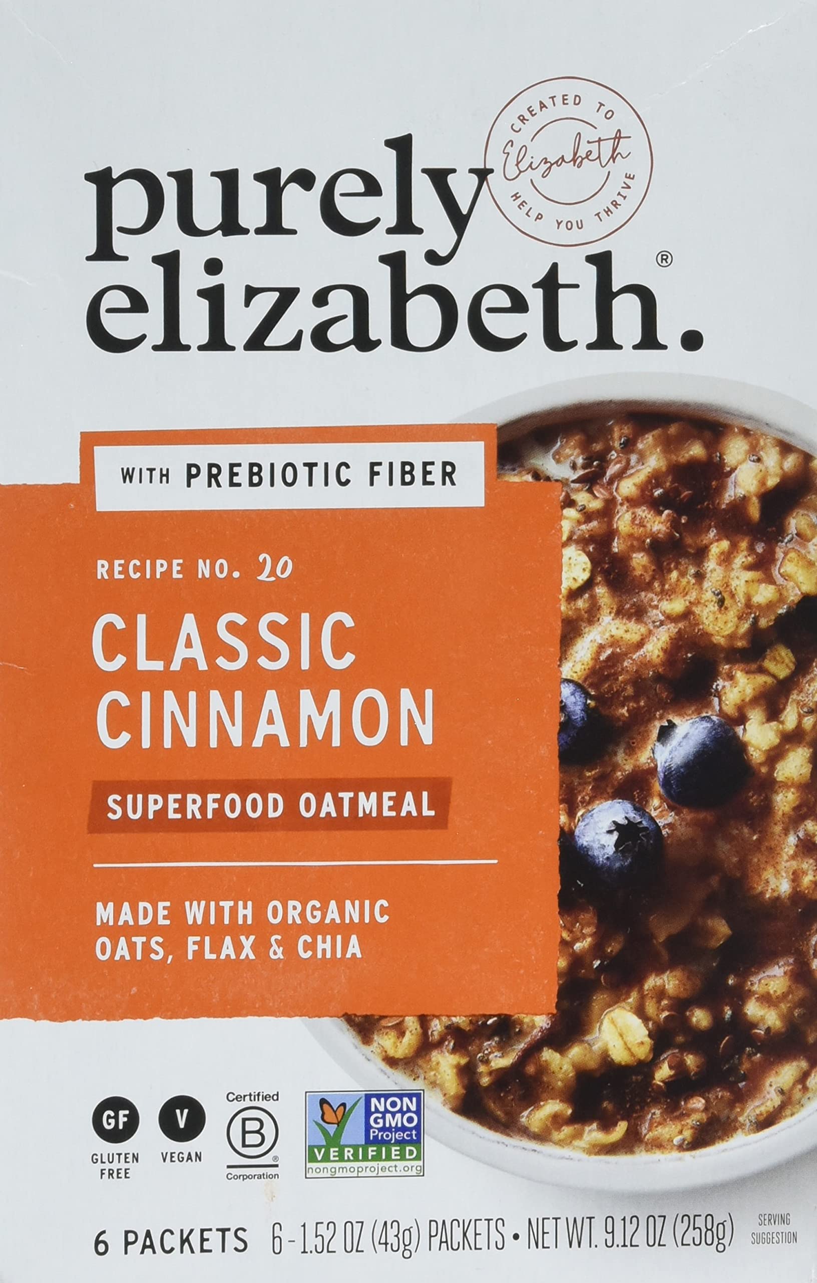 Purely Elizabeth Superfood Vegan Oatmeal Classic Cinnamon 9.12 Oz 6 Packets