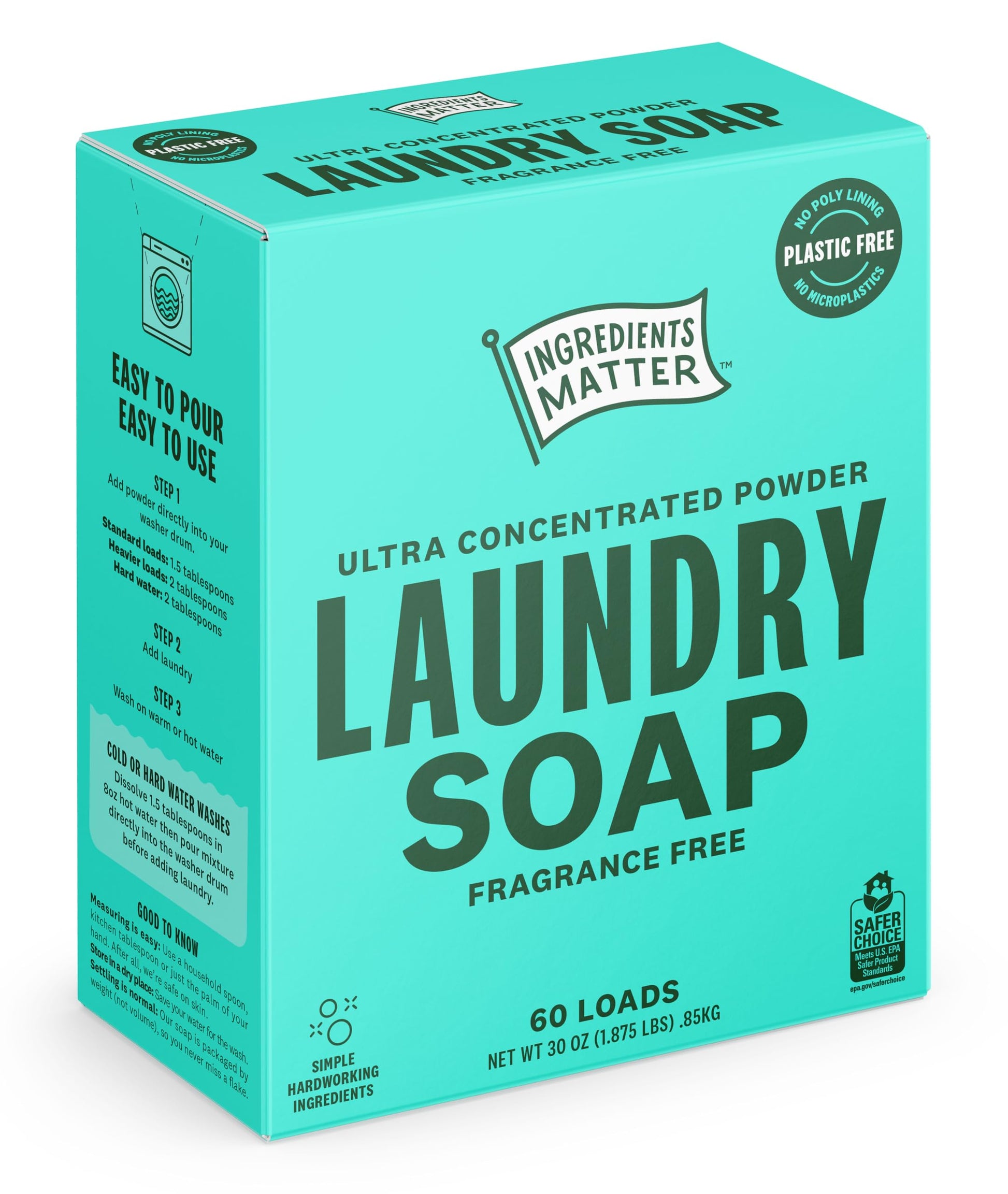 Ingredients Matter Powder Laundry Soap Fragrance Free Hypoallergenic Detergent Natural 30 oz